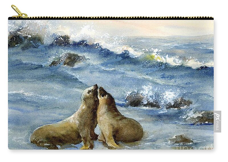 A Lovely Sea Lion Couple Stealing Kisses As Waves Crash On The Rocks Behind Them. Zip Pouch featuring the painting California Sea Lions by Virginia Potter