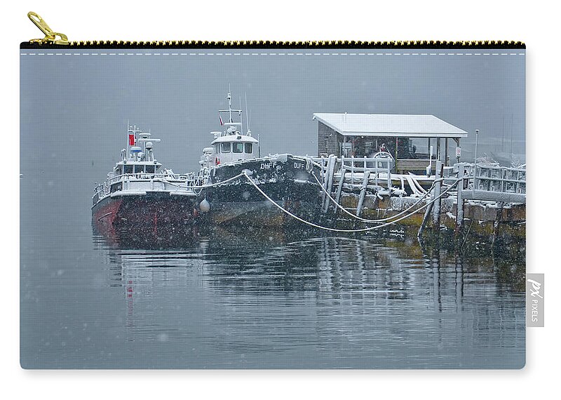 Tugboats Snow Tranquility Maine Winter Serenity 'clam Be For The Storm Zip Pouch featuring the photograph Calm Before the Storm by Jeff Cooper