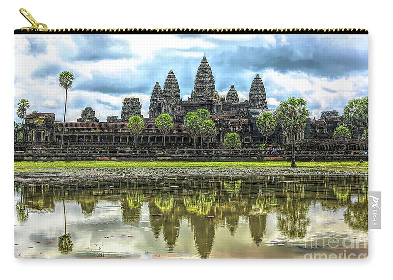 Angkor Wat Zip Pouch featuring the digital art Cambodia Panorama Angkor Wat Reflections by Chuck Kuhn