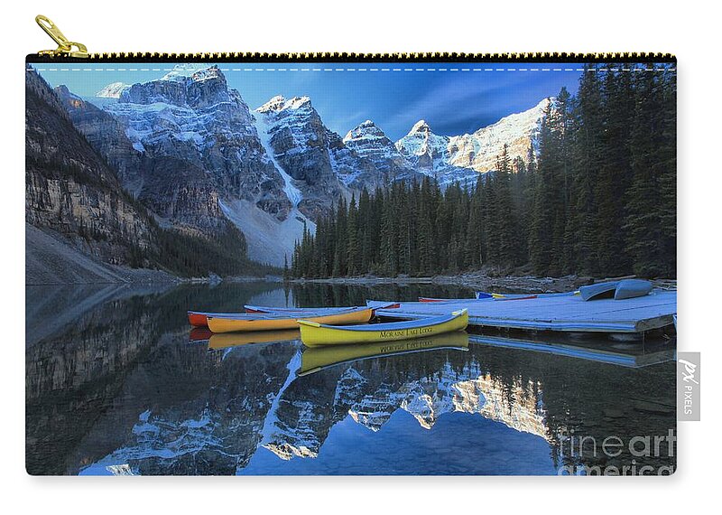 Moraine Lake Zip Pouch featuring the photograph Canoes In Paradise by Adam Jewell