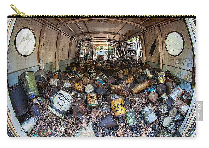 Oil Zip Pouch featuring the photograph Cans in the Van I by Shirley Radabaugh