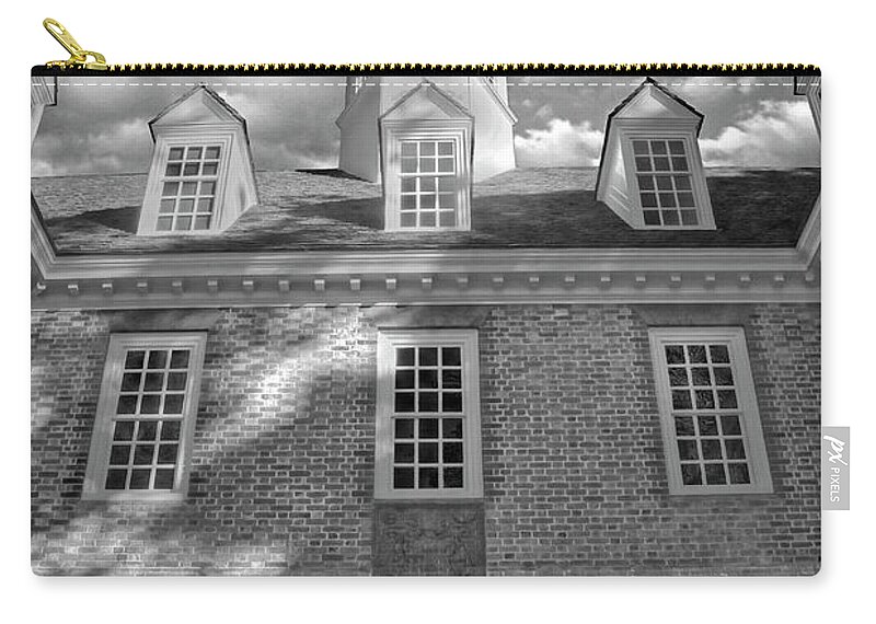 Colonial Williamsburg Capital Building Autumn Fall Leaves Color Morning Duke Of Gloucester Street Virginia Clouds Blue Sky Flag Black And White Zip Pouch featuring the photograph Capital Colonial Williamsburg B and W by Karen Jorstad