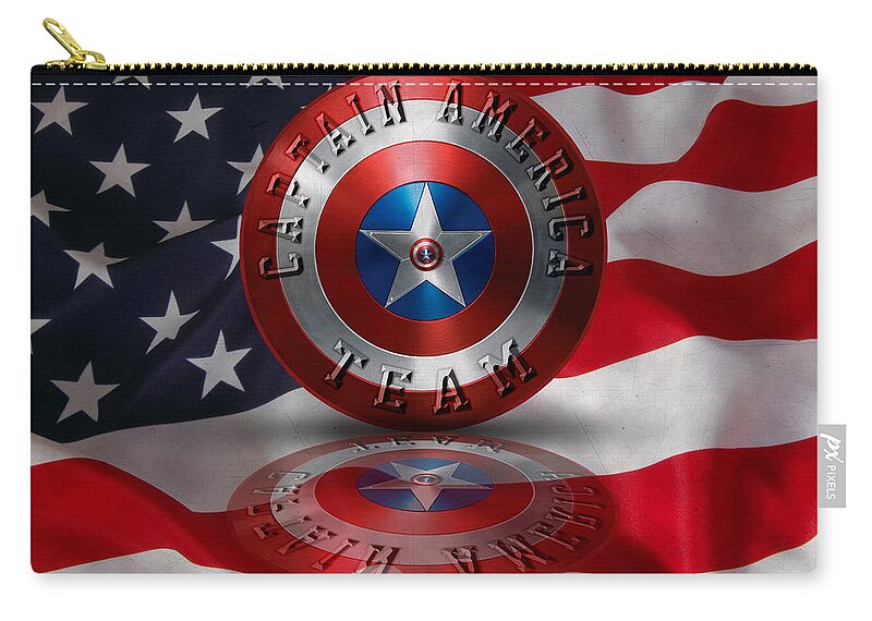 Captain America Shield Zip Pouch featuring the painting Captain America Team Typography on Captain America Shield by Georgeta Blanaru