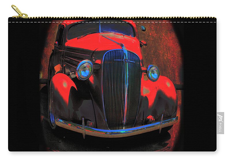 Vintage Car Art Zip Pouch featuring the mixed media Car Art 0443 Red Oval by Lesa Fine