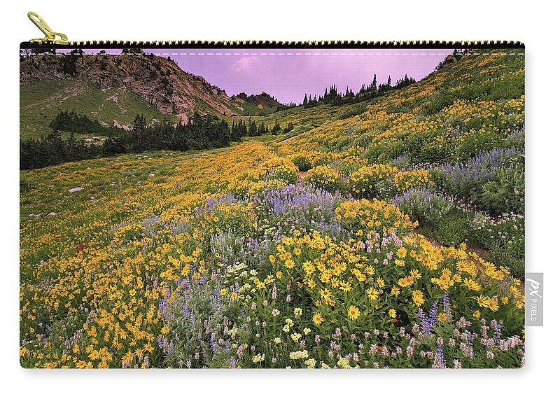 Utah Carry-all Pouch featuring the photograph Cardiff Pass Sunset and Wildflowers - Alta, Utah by Brett Pelletier