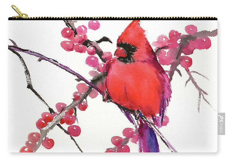 Cardinal Zip Pouch featuring the painting Cardinal and Berries by Suren Nersisyan