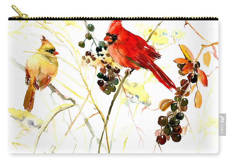 Cardinal Bird Zip Pouch featuring the painting Cardinal Birds and Berries by Suren Nersisyan
