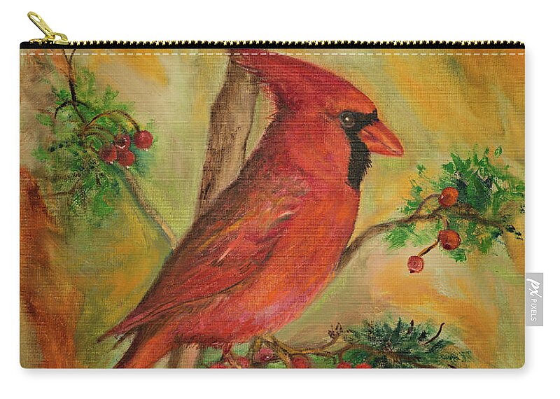 The Big Beautiful Red Cardinal Zip Pouch featuring the painting Cardinal by Kathy Knopp