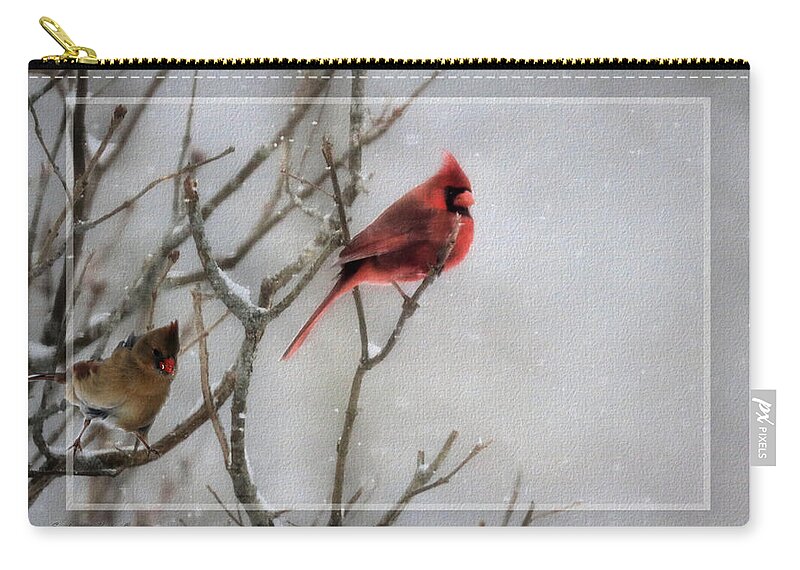 Animal Zip Pouch featuring the photograph Cardinals In Snow, Framed by Sandra Huston