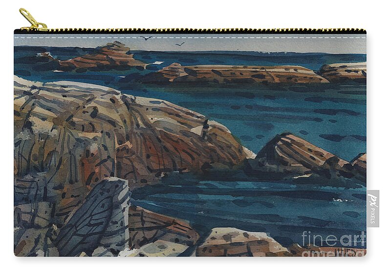 Carmel Beach Rocks Zip Pouch featuring the painting Carmel Beach Rocks by Donald Maier