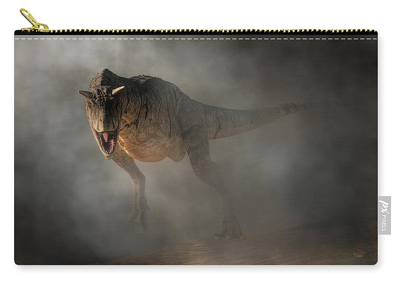 Carnotaurus Zip Pouch featuring the digital art Carnotaurus Emerging From Fog by Daniel Eskridge
