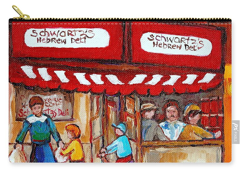 Paintings Of Schwartz Deli Montreal Restaurants Zip Pouch featuring the painting Carole Spandau Paints Montreal Memories - Montreal Landmarks - Schwartzs Hebrew Deli St. Laurent by Carole Spandau