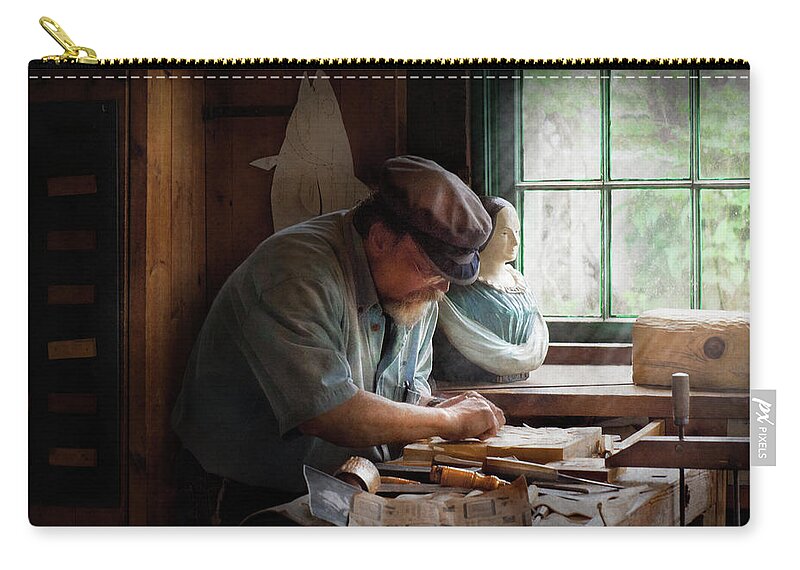 Suburbanscenes Zip Pouch featuring the photograph Carpenter - Carving the Figurehead by Mike Savad
