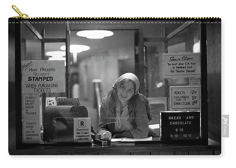 Devon Theatre Zip Pouch featuring the photograph Cashier, Devon Theatre, 1979 by Jeremy Butler