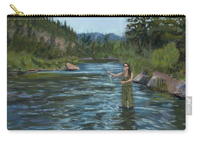 Fly Fishing Girl Zip Pouch featuring the painting Casting Call by Mary Benke