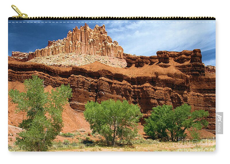 Capitol Reef National Park Zip Pouch featuring the photograph Castle Over Cottonwoods by Adam Jewell