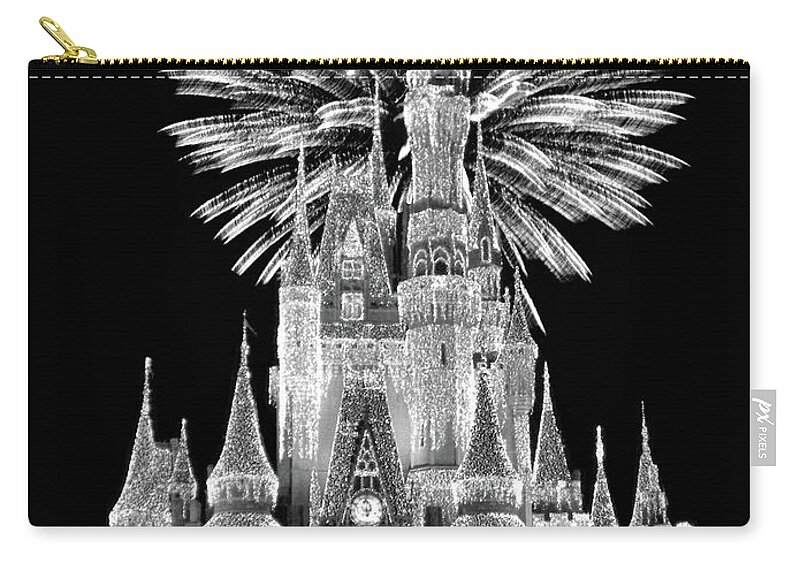 Black And White Zip Pouch featuring the photograph Castle With Fireworks in Black and White Walt Disney World MP by Thomas Woolworth
