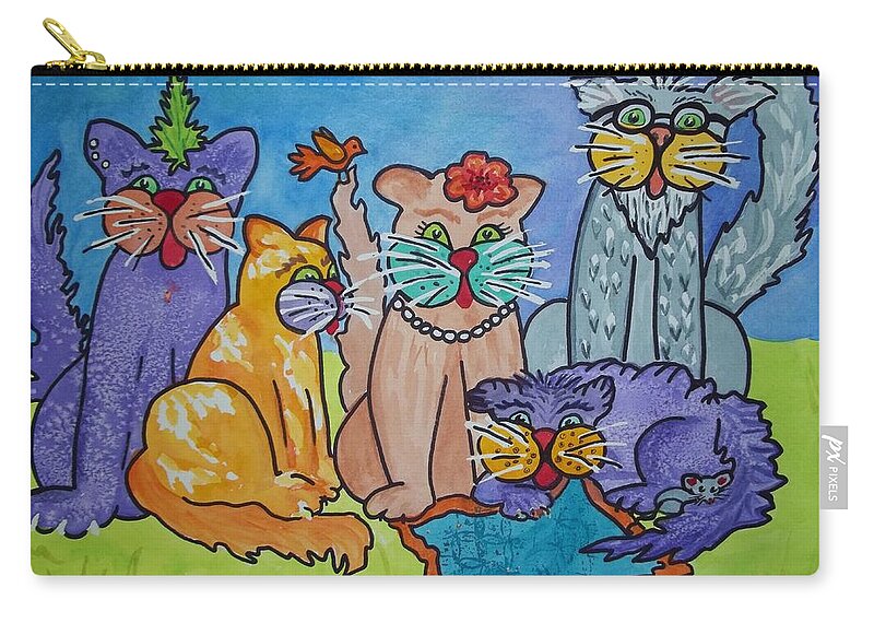 Cats Zip Pouch featuring the painting Cat Family Gathering by Ellen Levinson