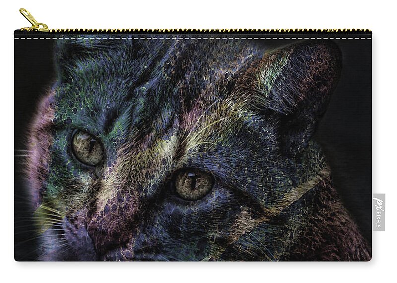 Cat Zip Pouch featuring the mixed media Cat Of Many Colors Soft by Lesa Fine