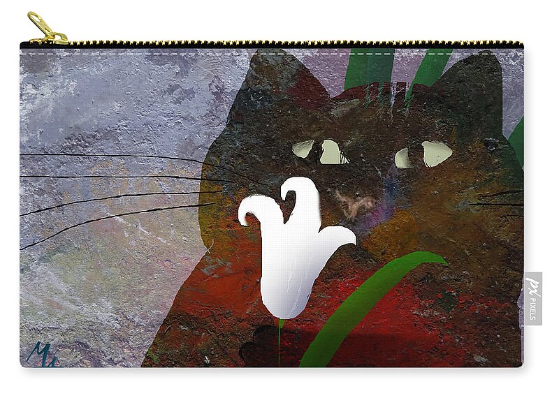 Cat Zip Pouch featuring the painting Cat with Lily by Attila Meszlenyi