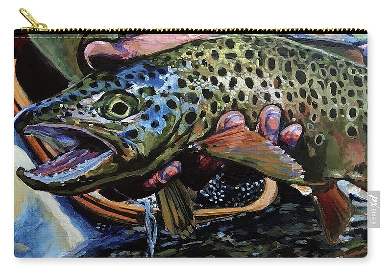 Brown Trout Carry-all Pouch featuring the painting Catch of the Day by Les Herman
