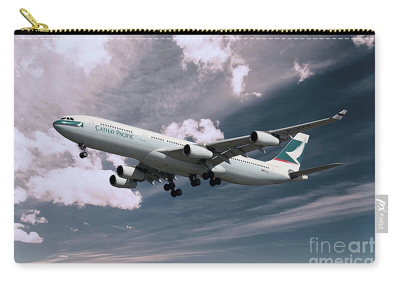 Airbus A340 Zip Pouch featuring the digital art Cathay Pacific Airbus A340-313X by Airpower Art