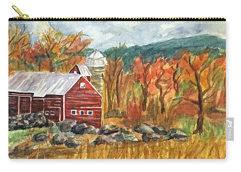 Red Barn Zip Pouch featuring the painting Red Barn And Cornfields Catskills Autumn by Ellen Levinson