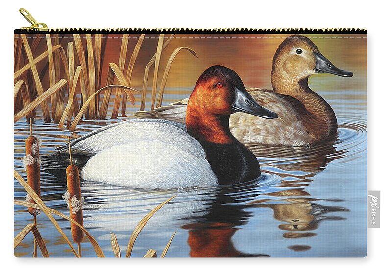 Canvasback Ducks Zip Pouch featuring the painting Cattails and Canvasbacks by Guy Crittenden