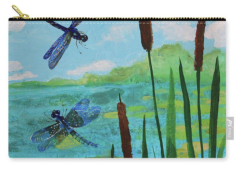 Cattails And Dragonflies By Robin Maria Pedrero Art Zip Pouch featuring the painting Cattails and Dragonflies by Robin Pedrero