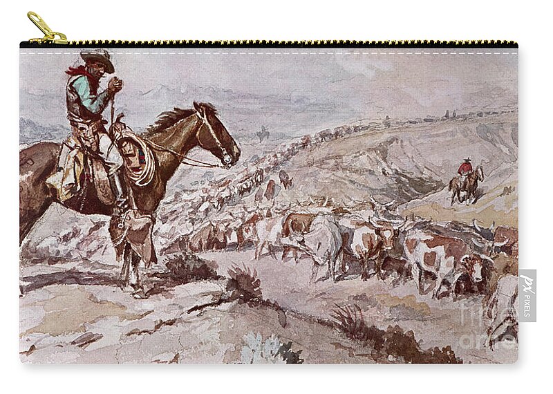 Trail Zip Pouch featuring the painting Cattle Drive by Charles Marion Russell