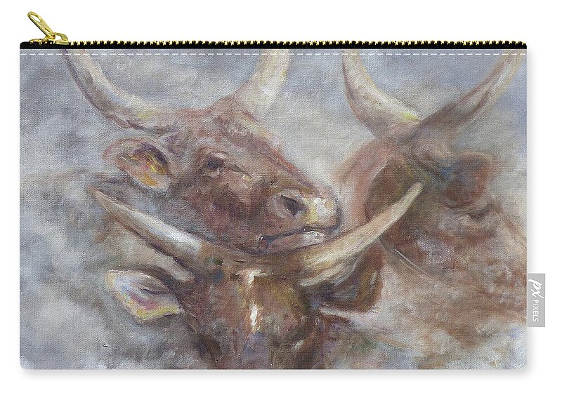 Longhorn Steers Zip Pouch featuring the painting Cattle in the Mist by Deborah Smith