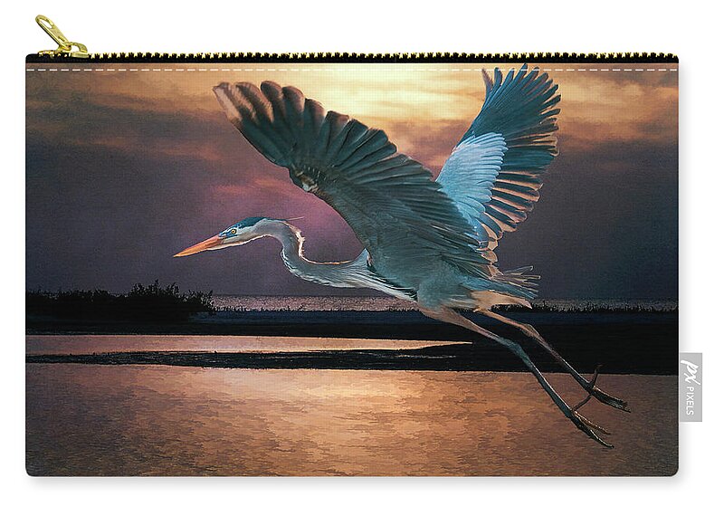 Great Blue Heron. Heron Ardea Herodus Zip Pouch featuring the photograph Caught in the afterglow by Brian Tarr