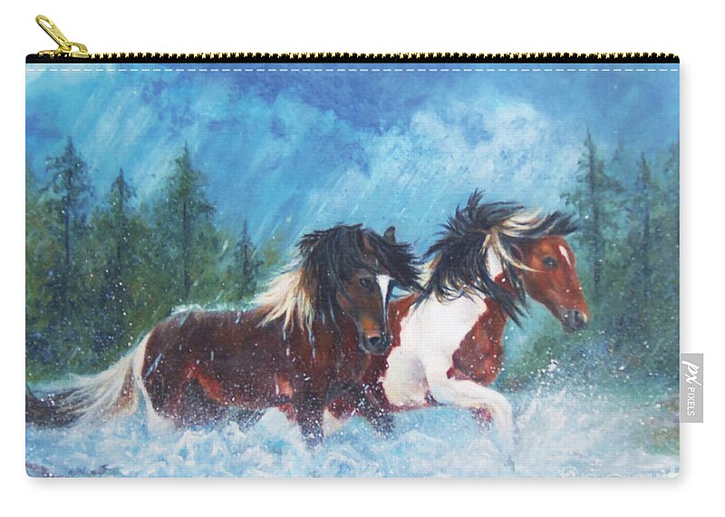 Realistic Equine Art Zip Pouch featuring the painting Caught In The Rain by Karen Kennedy Chatham