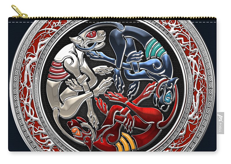 ‘celtic Treasures’ Collection By Serge Averbukh Zip Pouch featuring the digital art Celtic Treasures - Three Dogs on Silver and Blue Leather by Serge Averbukh