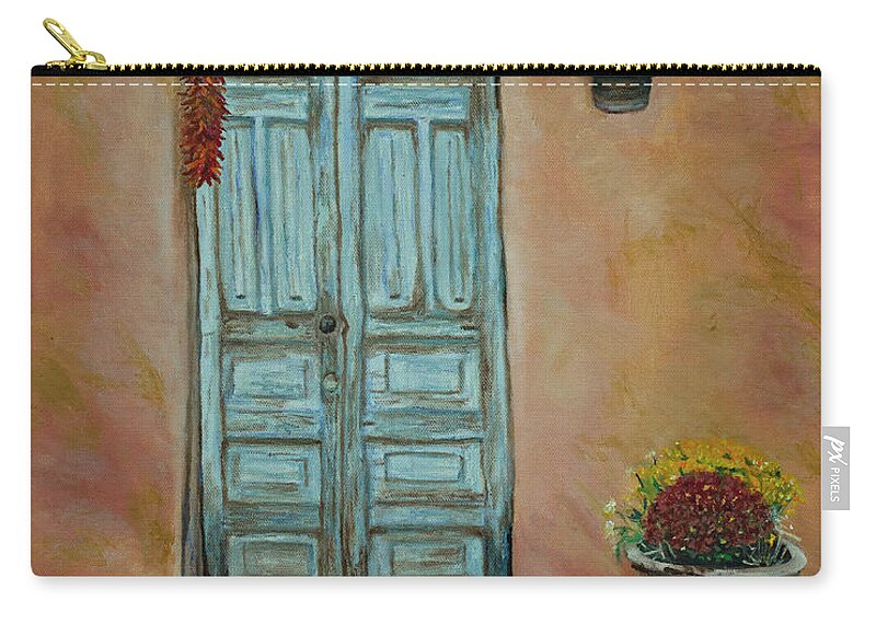 Adpbe Living Entrance Zip Pouch featuring the painting Cerrillios Blue Door by Kathy Knopp