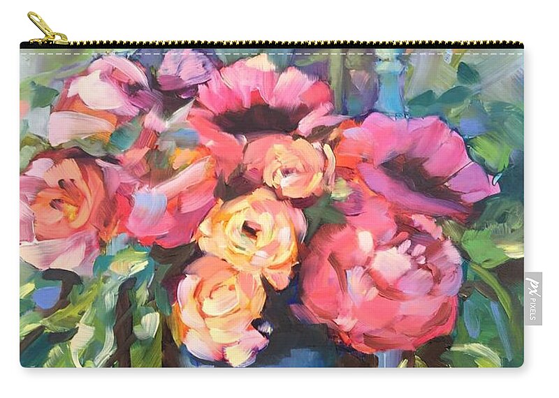 Antique Chair Zip Pouch featuring the painting Chair with flowers by Rebecca Matthews