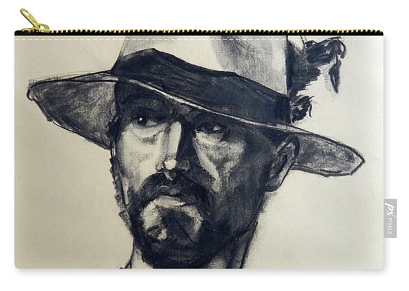 Greta Corens Portraits Zip Pouch featuring the painting Charcoal Portrait of a Man Wearing a Summer Hat by Greta Corens