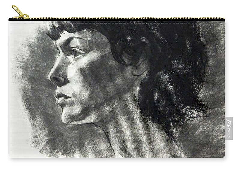 Greta Corens Zip Pouch featuring the drawing Charcoal Portrait of a Pensive Young Woman in Profile by Greta Corens