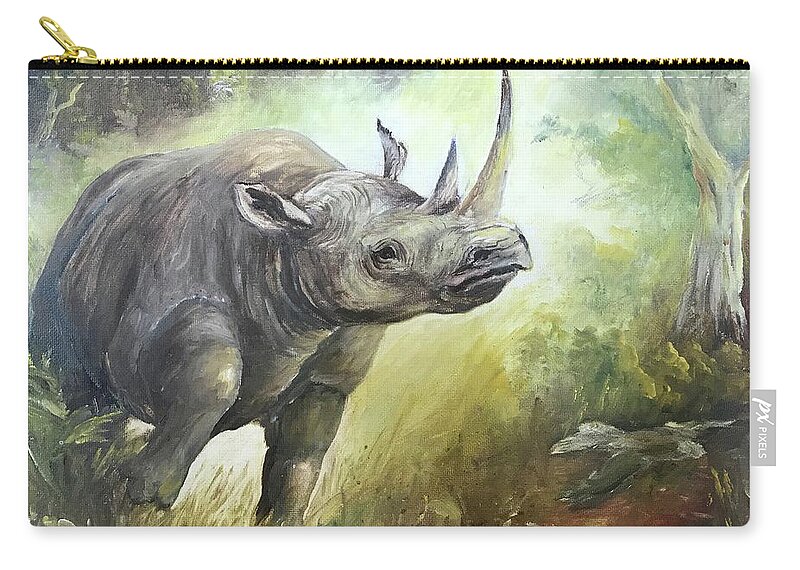 Rhino Carry-all Pouch featuring the painting Charging Rhino by ML McCormick