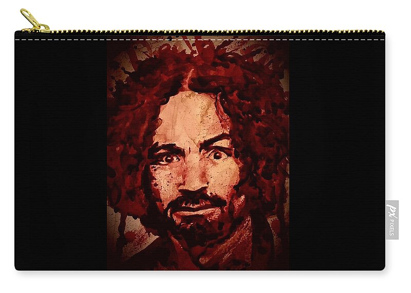 Ryan Almighty Zip Pouch featuring the painting CHARLES MANSON portrait fresh blood by Ryan Almighty