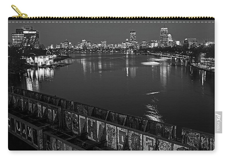 Boston Zip Pouch featuring the photograph Charles River at Dusk Dewolfe Boathouse Boston Skyline Black and White by Toby McGuire