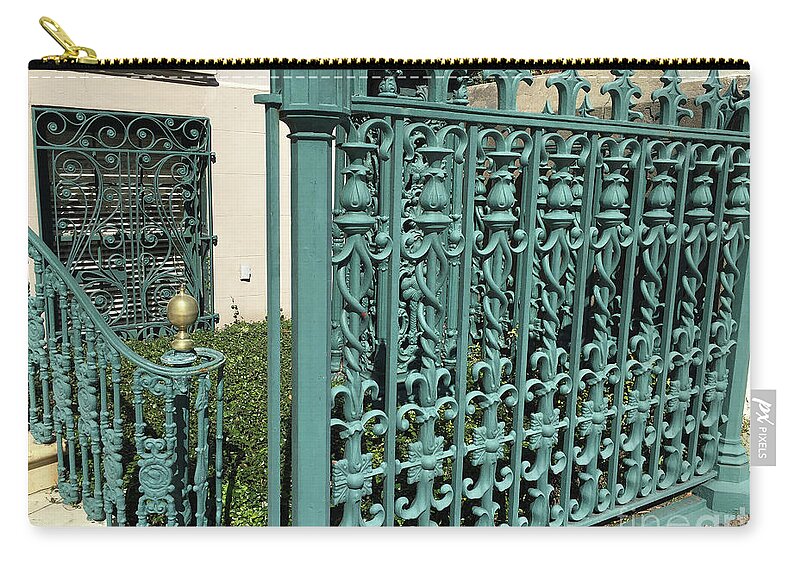 Charleston Aqua Teal Gate Fence Zip Pouch featuring the photograph Charleston Aqua Turquoise Rod Iron Gate John Rutledge House - Charleston Historical Architecture by Kathy Fornal