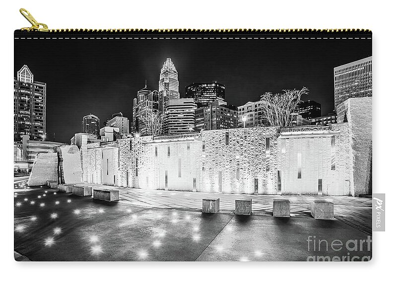 America Zip Pouch featuring the photograph Charlotte Skyline at Night Black and White Photo by Paul Velgos