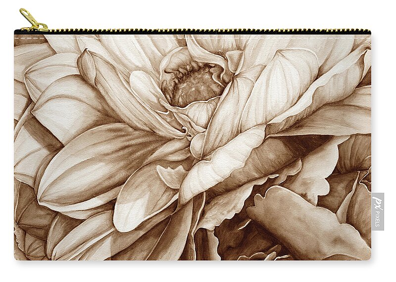 Neutral Dahlia Carry-all Pouch featuring the digital art Chelsea's Bouquet 2 - Neutral by Lori Taylor