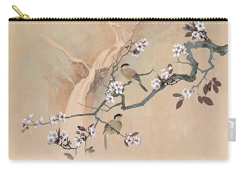 Birds Zip Pouch featuring the digital art Cherry Blossom Tree And Two Birds by M Spadecaller