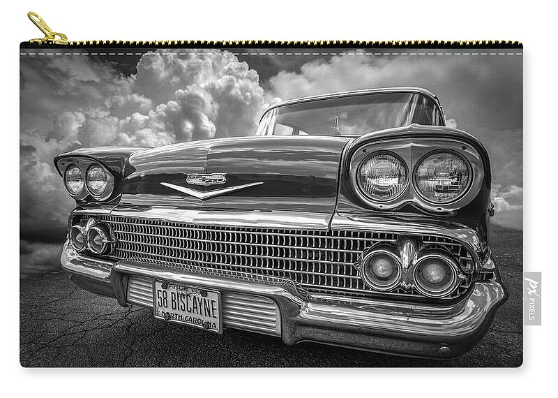 '58 Zip Pouch featuring the photograph Chevrolet Biscayne 1958 in Black and White by Debra and Dave Vanderlaan
