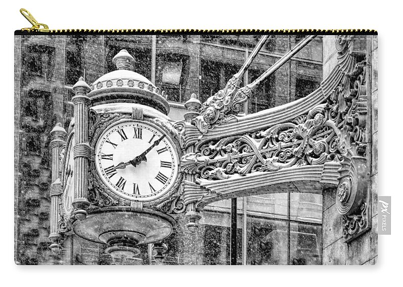 Chicago Zip Pouch featuring the photograph Chicago Marshall Field State Street Clock Black and White by Christopher Arndt