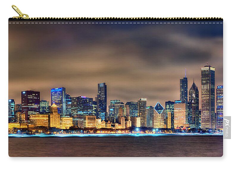 Chicago Zip Pouch featuring the photograph Chicago Skyline at NIGHT Panorama Color 1 to 3 Ratio by Jon Holiday