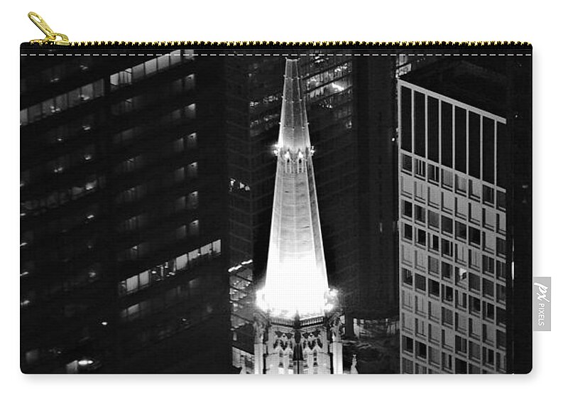 Architecture Zip Pouch featuring the photograph Chicago Temple Building Steeple BW by Richard Zentner