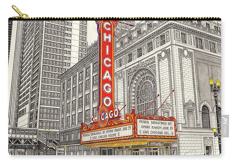 Chicagtheater Zip Pouch featuring the drawing Chicago Theater by Omoro Rahim